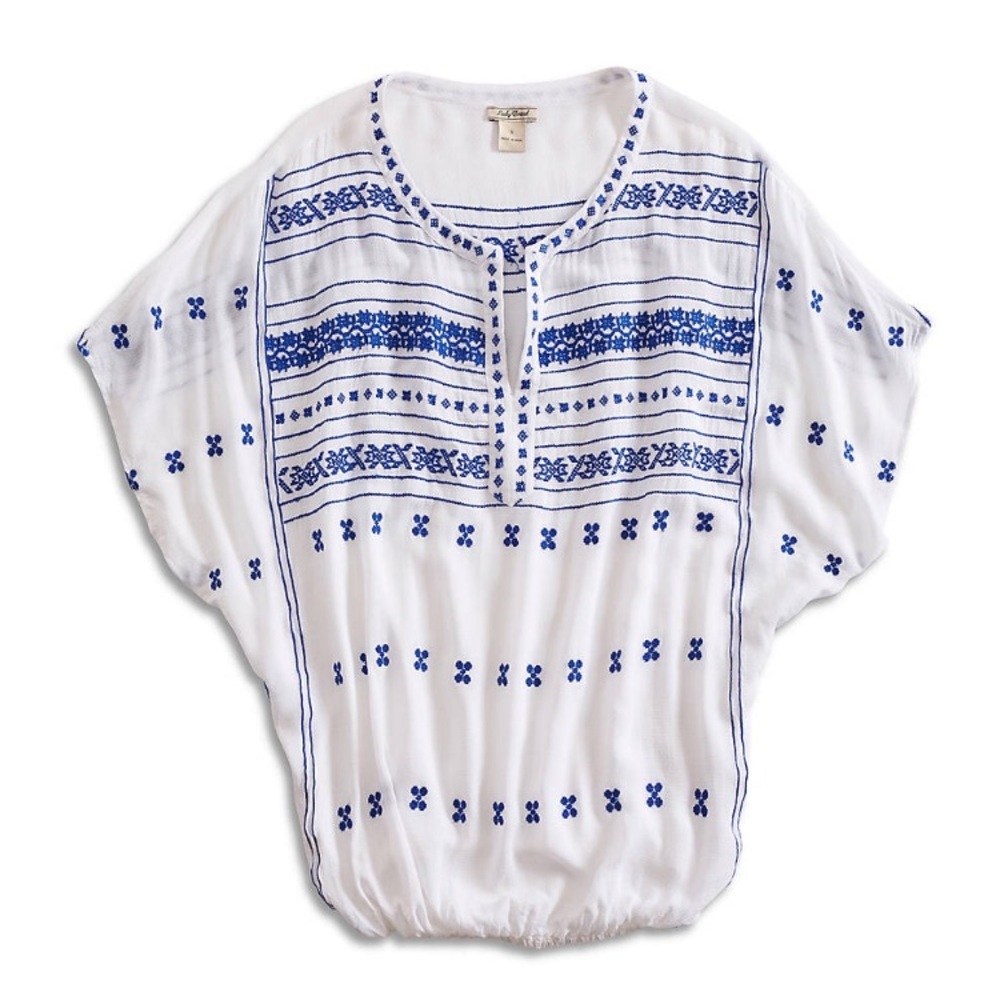 SOLD Lucky Brand Boho White & Blue Embroidered Top - Picture 2 of 7